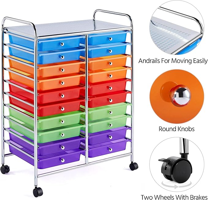 Yaheetech 20 Drawers Rolling Storage Cart Multipurpose Movable Organizer Cart Tools Scrapbook Paper Organizer on Wheels, Multicolor