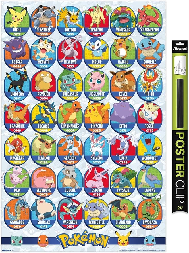 Pokémon: All-Time Favorites - Grid Wall Poster, 34L" x 22.4W", Premium Poster & Clip Bundle