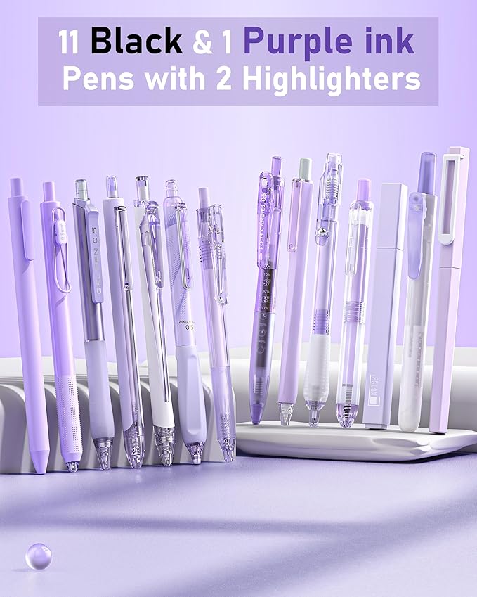 Four Candies Writing Ink Pens with Black & Purple Ink and 2Pack Highlighter Retractable 0.5mm Smooth Fine Point Pens Purple Pens for School Office Girly Stationery Aesthetic Desk Accessories Set of 14