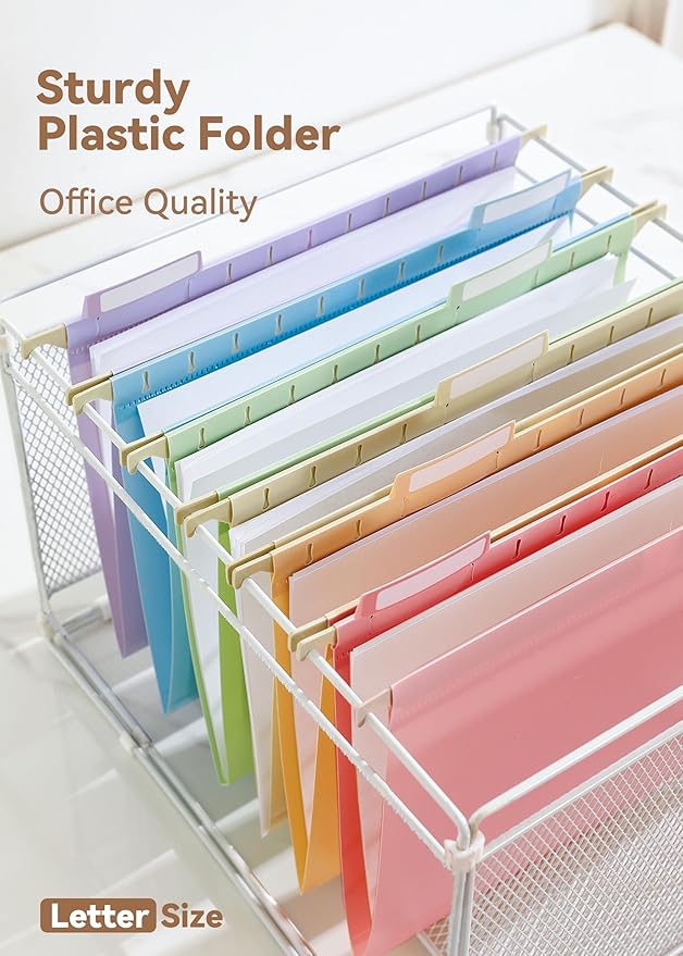 Plastic Hanging File Folders, Sturdy & Tear-Resistant, Letter Size, 12 Pack with Insertable 1/5-Cut Tabs, Pastel Colors
