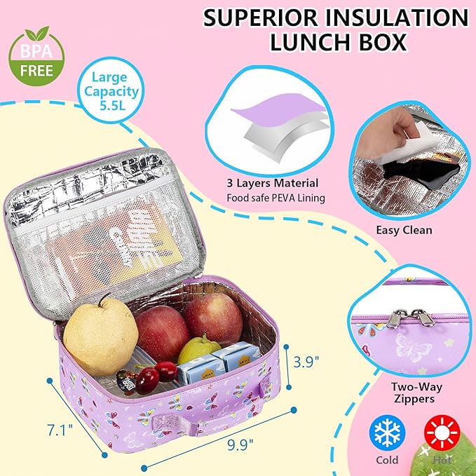Girls Backpack with Lunch Box Glow in Dark Butterfly Bookbag Teens Ages 4-12 Kindergarten Elementary Middle School Butterfly Backpack, Luminous Butterfly Purple
