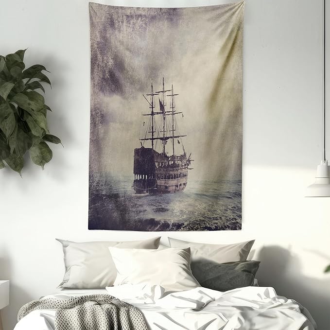 Ambesonne Nautical Tapestry Twin Size, Old Pirate Ship in the Sea Historical Cruise Retro Voyage Grunge Style Art, Wall Hanging Bedspread Bed Cover Wall Decor, 68" X 88", Tan Plum