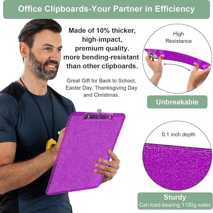1 Pcs Clear Glitter Clipboards, Plastic Clipboard with Pen Holder,Size 8.85 x 12.4 in Shiny Clipboards with Low Profile Clip,Cute Hanging Clipboard for Office School Supplies Sparkly Clip board-Violet