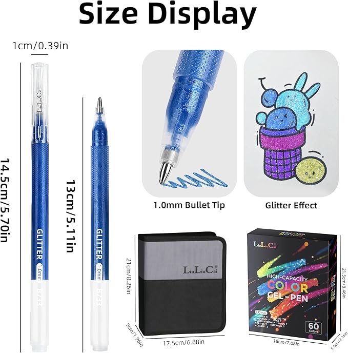 Gel Pens for Adult Coloring Book, 60 Colors Large Capacity Metallic Glitter Gel Ink Pens with Case, 1.0 mm Bullet Tip Smooth Writing, Artist Colored Gel Pen for Coloring Drawing Journaling
