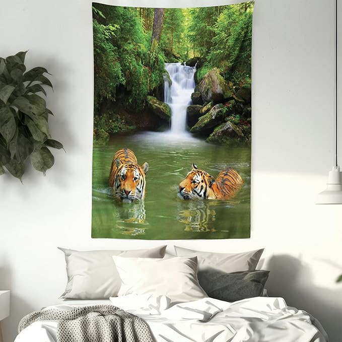 Ambesonne Savannah Tapestry Twin Size, Siberian Tigers in Water Waterfall Pool Woodland Swimming Natural, Wall Hanging Bedspread Bed Cover Wall Decor, 68" X 88", Reseda Green Orange