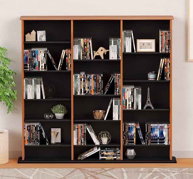 Prepac 3 Column Tall Storage Cabinet, Cherry & Black Storage Cabinet with 21 Adjustable Shelves Display DVD Perfect for Living Room, 8.75" D x 56" W x 51" H