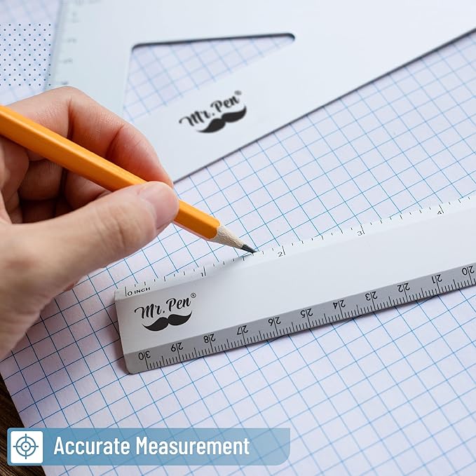 Mr. Pen Metal Geometry Kit - 4Pack Set Square, Protractor, Aluminum Ruler, Drafting Triangles