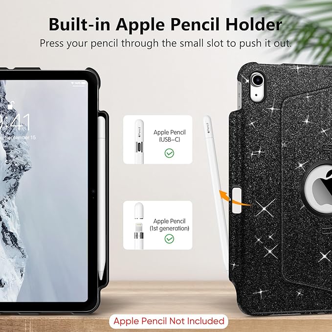 Fintie Rotating Case for iPad (A16) 11th Generation 11 Inch (2025), iPad 10th Generation 10.9 Inch (2022) - [Built-in Pencil Holder] 360 Degree Rotating Protective Stand Cover, Glittering Black