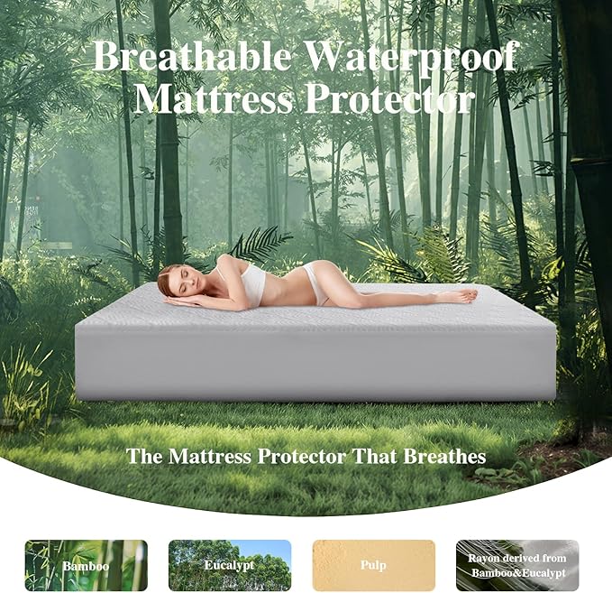 Twin XL Mattress Protector 2 Pack, Waterproof Mattress Pad Washable Rayon Mattress Cover Breathable Noiseless Bed Protector 3D Patterns 5" - 21'' Elastic Fitted Deep Pocket(Light Grey)
