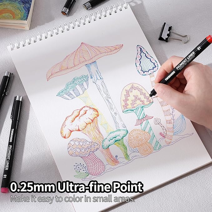 TWOHANDS Drawing Micro Art Pens Marker Pen Colors 01, Fineliner Ink Pens,Set of 12 Technical Drawing pen 0.25mm,Pigment Pen,colord,Waterproof,NO-bleed for Art Watercolor,Sketching,Anime,Manga, 21281