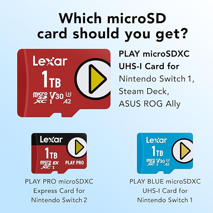 Lexar 1TB Play Micro SD Card, UHS-I, C10, U3, V30, A2, Full HD, 4K, Up to 205/140 MB/s microSDXC Memory Card, Expanded Storage for Nintendo-Switch 1, Gaming, Smartphones, Tablets (LMSPLAY001T-BNSNU)