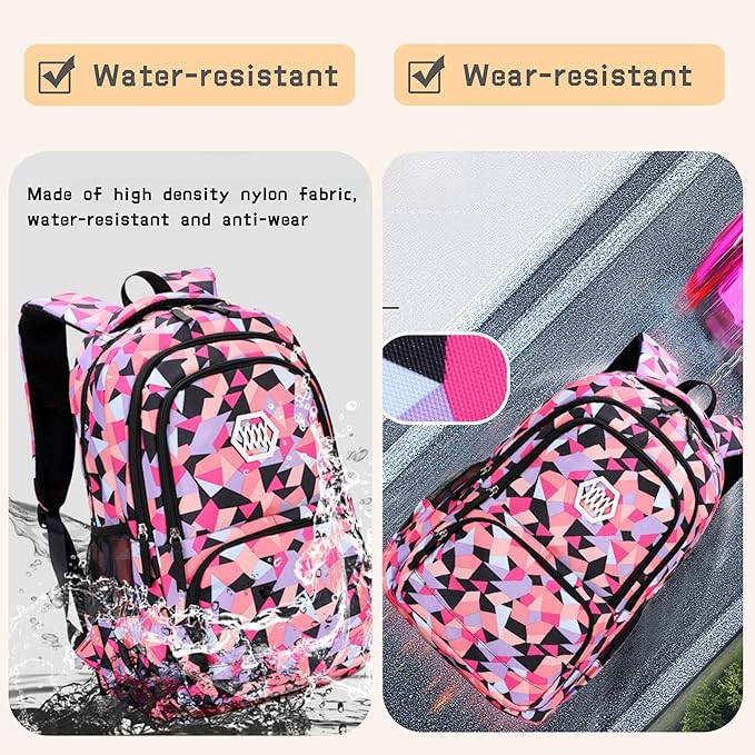 3Pcs Geometric Print Kids Backpack Set for Girls with Lunchbox, Capacity Elementary Middle School Bag Girls Backpack and Lunchbox Set