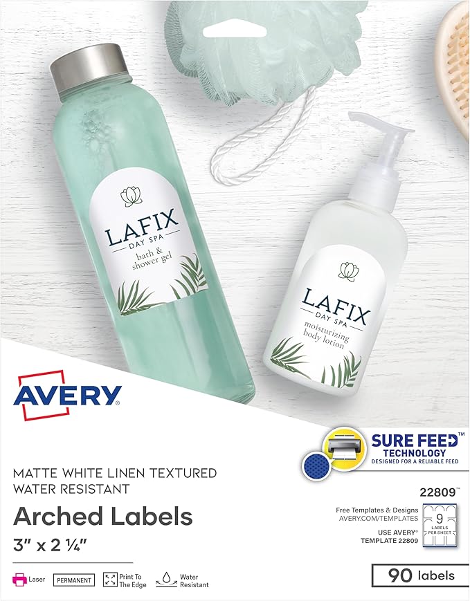 Avery Arched Labels with Sure Feed for Laser Printers, Water Resistant, 3" x 2.25", 90 Labels (22809)