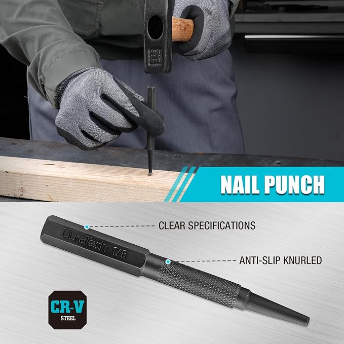 DURATECH 14 Piece Punch/Chisel/Alignment Tool Set, Including Pin, Center and Nail Punches, Alignment Tool, Cold Chisels, Chisel Gauge, with Rolling Pouch