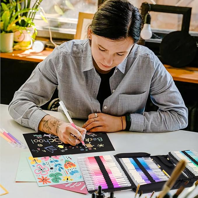 100 Colors 3D Acrylic Gel Pens & Black Paper Sketchbook for Drawing, 1mm Fine Point Acrylic Ink Pen, Opaque Archival Ink Pens for Black Paper Drawing, Sketching, Illustration, Card Making