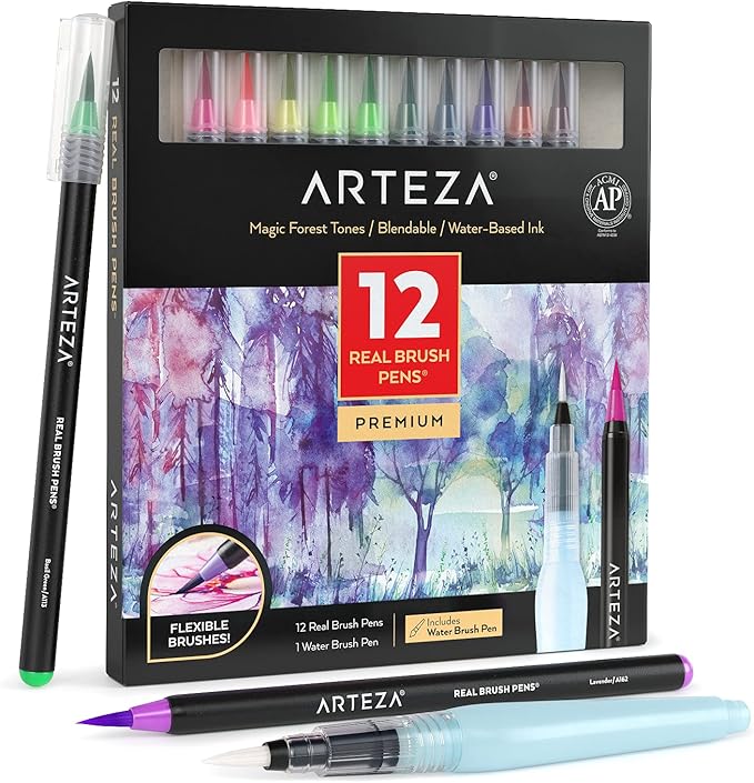 ARTEZA 12 Watercolor Pens for Artists, Magic Tones Real Brush Pens, Blendable Watercolor Markers for Adults