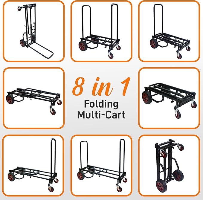 Pyle Compact Folding Adjustable Equipment Dolly - Heavy Duty 8-in-1 Convertible Cart Hand Truck/Dolly/Platform Cart with R-Trac Wheels - Expandable Up to 27.52'' to 44.25'' - 300 LBS MAX LOAD CAPACITY