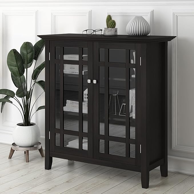 SIMPLIHOME Bedford Storage Cabinet - 39 inch Wide Solid Wood Medium Cabinet in Hickory Brown, Transitional Console for Living Room, Entryway, or Dining Room with Glass Doors and Adjustable Shelves