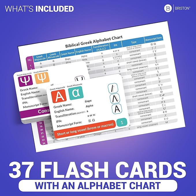 Briston Biblical Greek Alphabet Flash Cards with Audio – 37 Language Learning Cards for Biblical Study, Alphabet Pronunciation & Transliteration – Includes Chart, Waterproof, Glossy & Durable Set