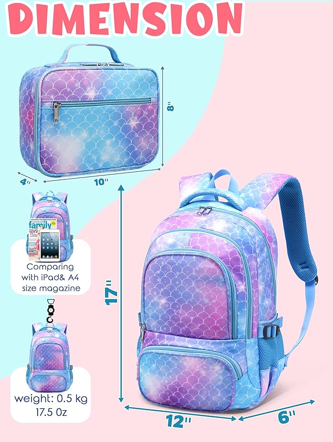 BLUEFAIRY Girls Mermaid Backpack Set with Lunch Box - Lightweight School Bookbag for Kids Aged 4-8