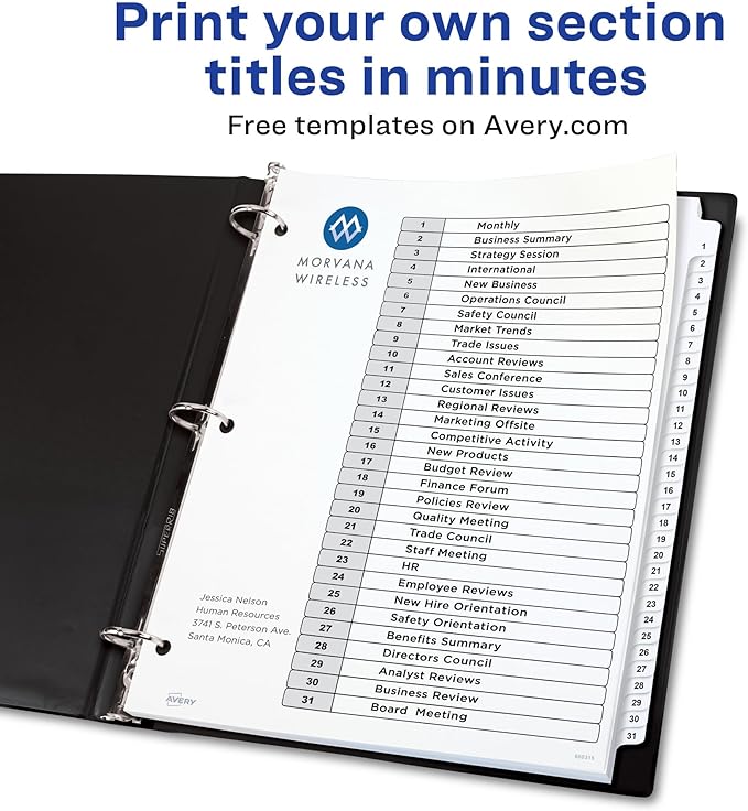 Avery 1-31 Dividers for 3 Ring Binders, 31 Tabs per Set, Customizable Table of Contents, Classic White Tabs, Great for Organizing Reports, Projects, and More (11128)