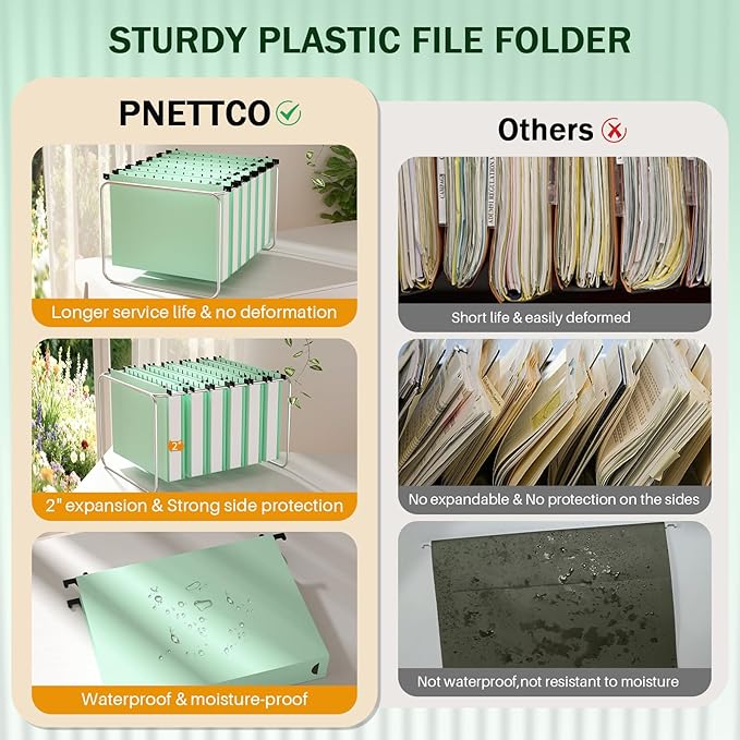 12 Pack 2 Inch Expansion Letter Size Hanging File Folders, Green File Folders Hanging, Hanging Folder with Adjustable Tab, Extra Capacity Filing Folders Hanging for School Classroom, Office Supplies