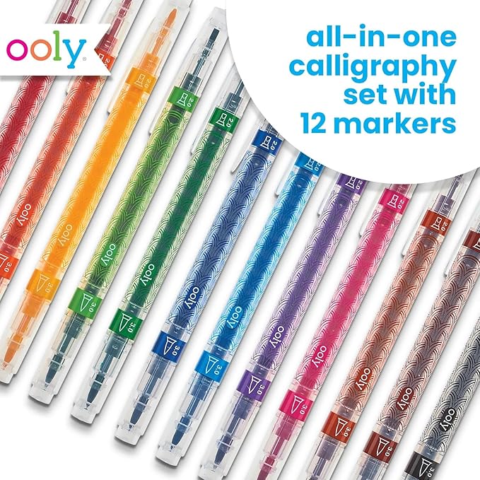Ooly Calligraphy Duo - 12 Double Ended Calligraphy Pens for Writing & Hand Lettering, Dual Tip Pens for Beginners or Kids Includes 1 Brush & 1 Chisel Tip Pen in Classic Colors