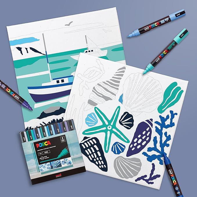 POSCA Canvas Paint by Number Kit, Harbor Hues - 8 Markers with 2 Pre-Drawn Canvases - For All Artists and Holiday Gifting
