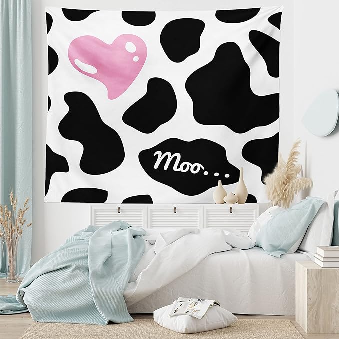 Ambesonne Cow Print Tapestry King Size, Camouflage Hide Skin Pattern in Pastel Color Shades Heart Shape Moo, Wall Hanging Bedspread Bed Cover Wall Decor, King Size, Pink Black White