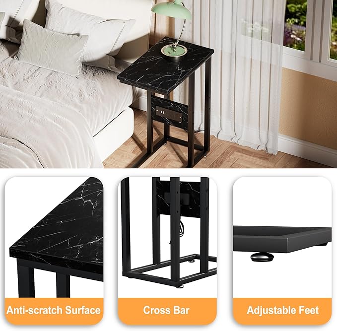 VECELO C Shaped End Table with Charging Station & Power Outlets, Quick Access Side Table for Sofa, C Bedside for Living Room Bedroom 2 Set,Black Marble