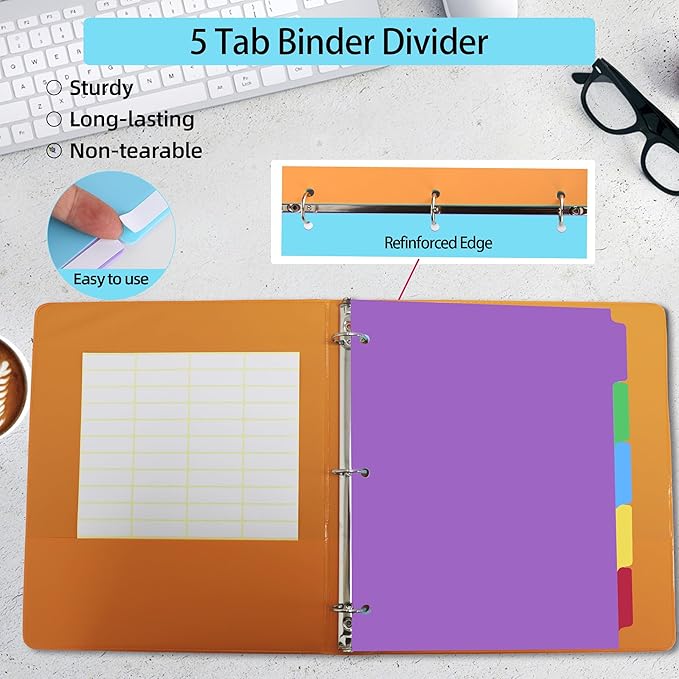 3 Set Dividers for 3 Ring Binders,5 TAB Binder Dividers,Plastic, Multicolor Binder separators with tabs