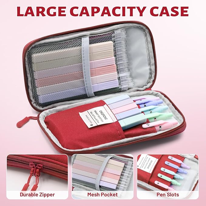 42 Pack Gel Pens for Coloring Books, 5 Gel Pens 0.5mm Black Ink, 12 Vibrant Sparkle Metallic Glitter Pens with 12 extra refills for enduring use, 12 Pastel Highlighters for Man Woman(Red)