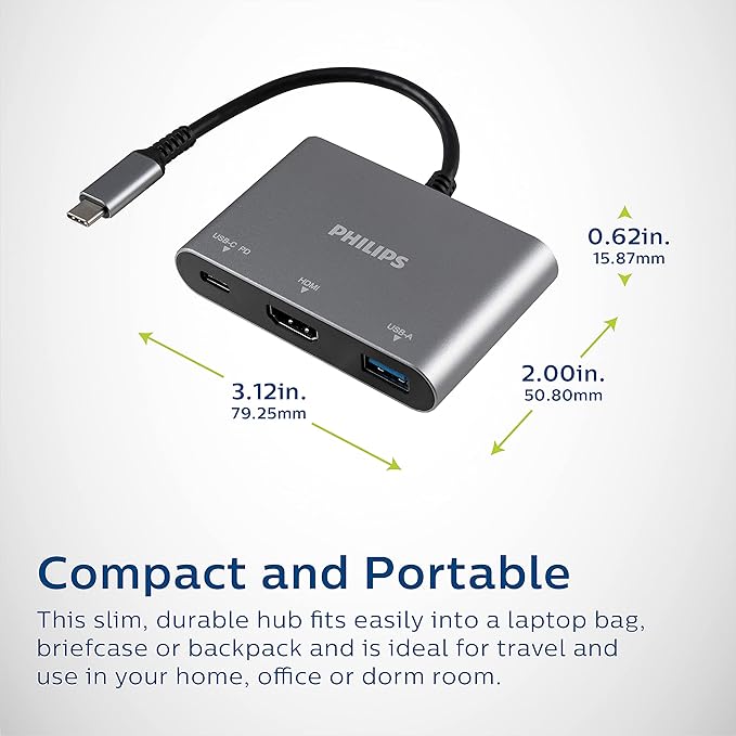 Philips USB C Hub to Multiport Adapter, 3 in 1 Power Pass Through, HDMI 4k@30Hz, 60W USB C Charging Port, 5Gbps USB 3.0 Port for MacBook Pro, MacBook Air, UCB C Laptop Docking Station, DLK9220C/27