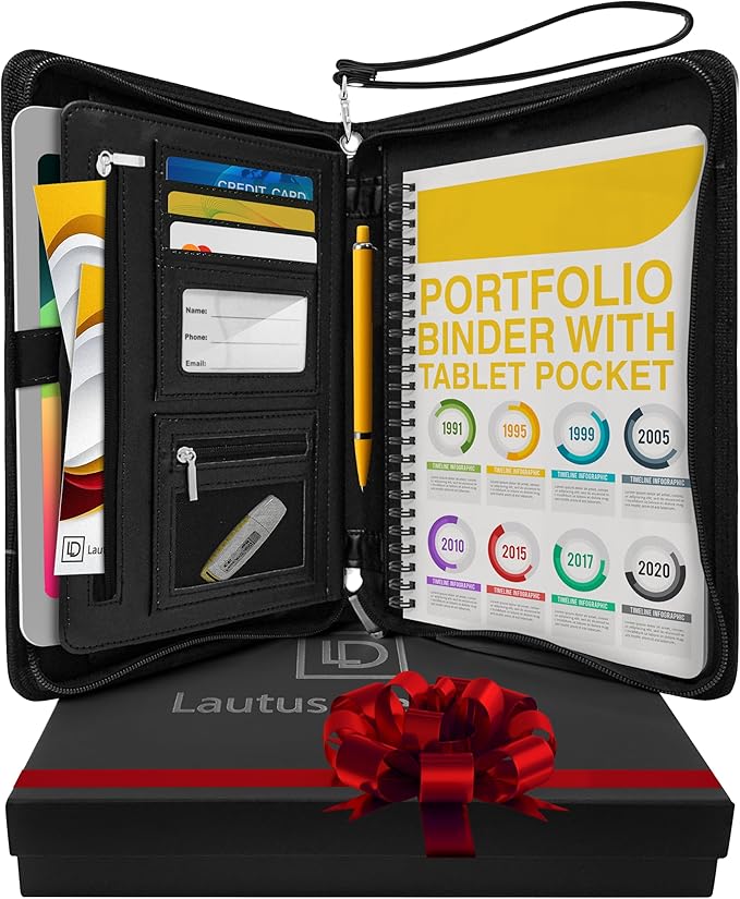 Customized Junior Zippered Leather Padfolio - Name/Logo Printed on Black PU Leather Portfolio Binder & Organizer Folder with 8 Inch Tablet Sleeve & with Junior Legal Notepad