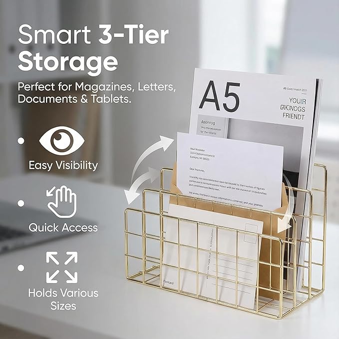 Simmer Stone Letter SorterOrganizer for Desk, Premium Plated Metal Mail Holder, 3-Slot Ultra-Stable Non-Wobbling Desktop Organizer for Envelopes, Documents, Palettes, 9.5 x 4.7 x 6 Inche, Gold