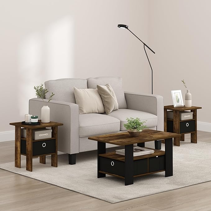 Furinno Andrey Side Table, Set of 2 End Table, Night Stand with Open Shelves and Storage Bin, Bedside Table, for Living Room, Bedroom, Amber Pine