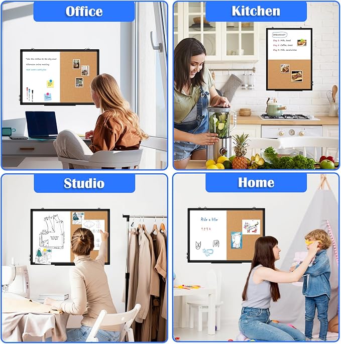 [24" x 36"] WALGLASS Dry Erase and Bulletin Boards Combo, Magnetic White Board Cork Board for Wall, Whiteboard & Corkboard Combination with Aluminum Frame, for Home, Classroom, Office