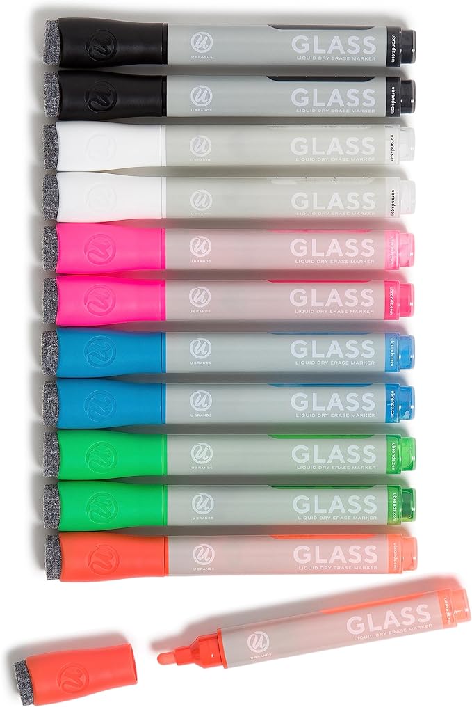 U Brands Bold Tip Liquid Glass Whiteboard Markers with Eraser for Glass Boards, Dry Erase Boards, and Chalk Boards, Assorted Bright Colors, Set of 12