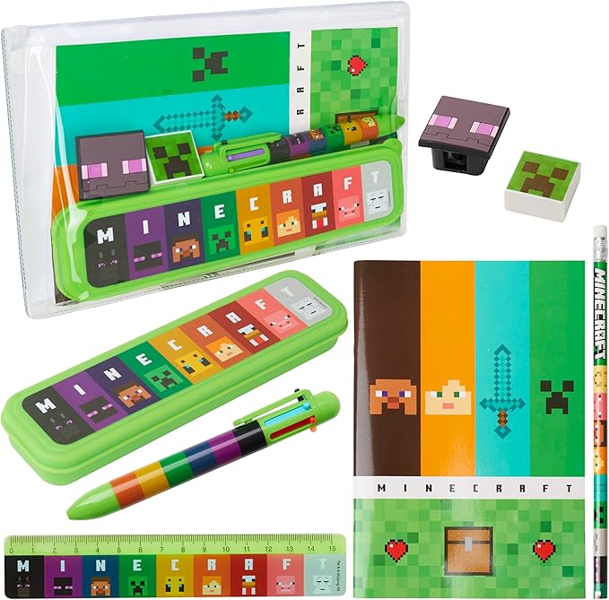 Minecraft Filled Pencil Case and Stationery Set for Kids, School Supplies - Gifts for Boys (Green/Multi)