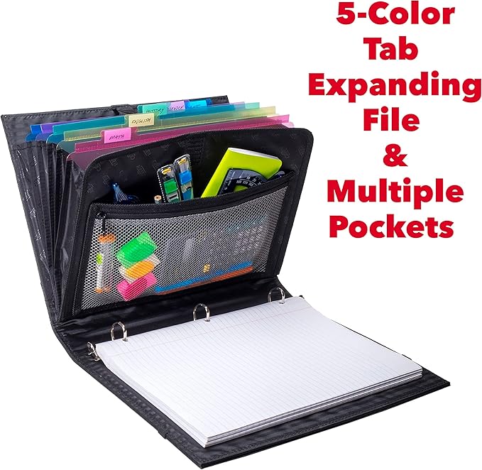 Case-it Pro Padfolio Portfolio Binder, 1 inch D-Ring Binder - 5 Tab Expanding File Folder, Multiple Pockets - Black (LL-PRO-243)