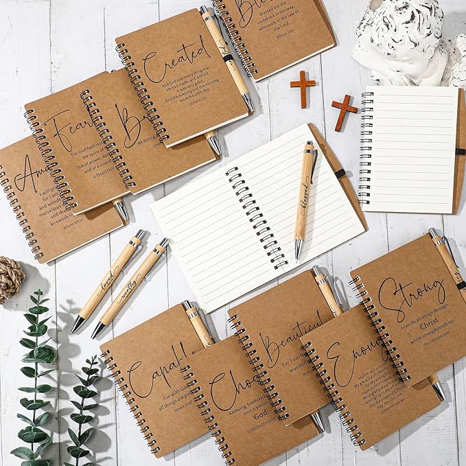 Kosiz 36 Sets Christian Gifts Bulk Inspirational Bible Verse Spiral Notebook and Religious Bamboo Ballpoint Pen Journal with Scripture for Easter Church Member First Communion Teacher Holy Week (Brown)
