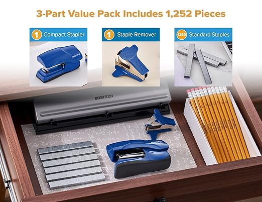 Bostitch Office Heavy Duty 40 Sheet Stapler with 1250 Staples & Claw Remover, Small Stapler Size, Fits into The Palm of Your Hand, Value Pack, Blue (B175-BLUE-VP)