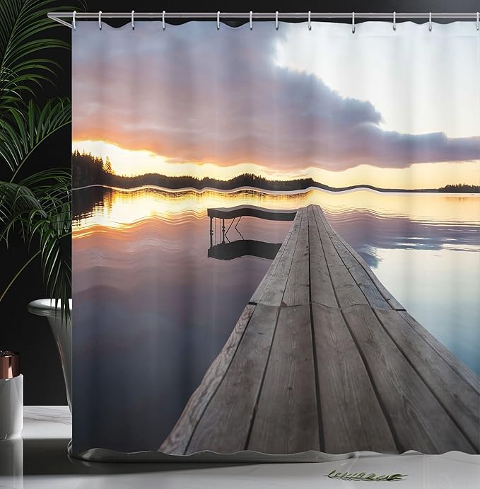 Ambesonne Landscape Shower Curtain, Serenity Relaxing Themed Port Pier Wooden Rustic Image of Dawn Sunset in Lake Art, Cloth Fabric Bathroom Decor Set Hooks, 69" W x 70" L, Multicolor Indigo Pale Blue