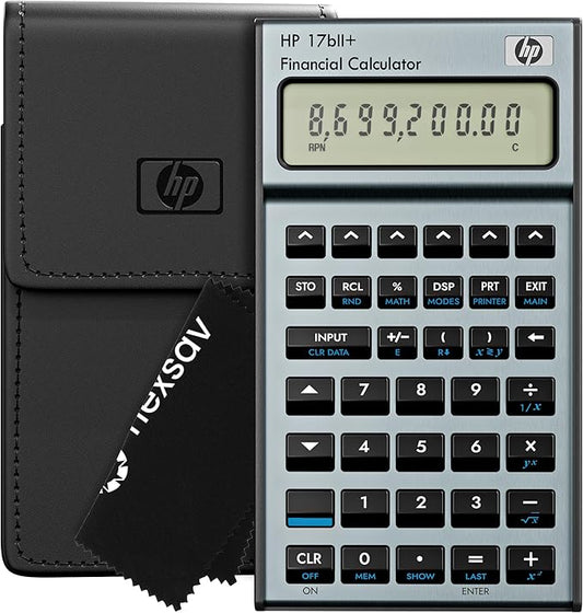 HP 17bII+ Financial Calculator – 250+ Professional Functions for Business, Finance & Accounting – RPN, Algebraic Entry, College Math Solver, 2-Line Display, 28KB Memory – Includes Case, Cleaning Cloth