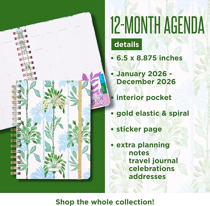 Lilly Pulitzer Large Monthly Planner January 2026 - December 2026, Monthly Agenda & Calendar, Stickers, Pockets, & Spiral Binding (Swayin in the Breeze)