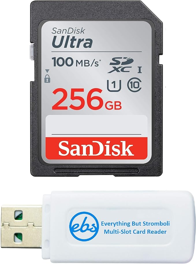 SanDisk 256GB SDXC SD Ultra Memory Card Works with Canon EOS Rebel T7, Rebel T6, 77D Digital Camera Class 10 (SDSDUNR-256G-GN6IN) Bundle with (1) Everything But Stromboli Combo Card Reader