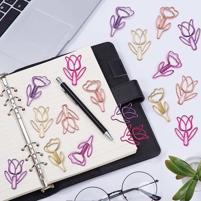 Hesena 100 Pcs Cute Flower Shaped Paper Clips Set, 50 Pcs Floral & 50 Pcs Tulip Shaped Shape Paper Clipss, for Office and Home (Flower Shaped)