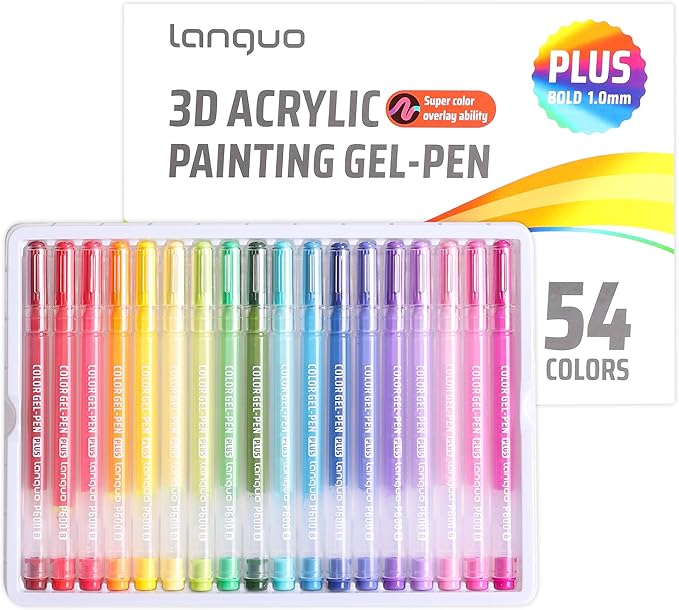 Acrylic Gel Pens for Coloring, 54 Colors Set 3D Acrylic Paint Pens with 1mm Bullet Tip for Adult Coloring, Gel Pens for Black Paper, Rock, Glass, Fabric, DIY and Art Crafts Supplies