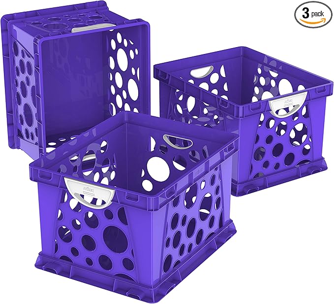 Storex Premium File Crate with Molded Handles – Letter and Legal Document and Folder Storage, Classroom Purple 3-Pack (61459U03C)