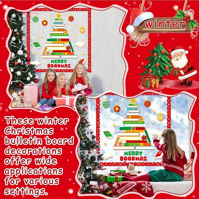 gisgfim Christmas Bulletin Board Decoration Set Christmas Book Tree Paper Cutouts Xmas Classroom Bulletin Board Decor for Xmas Winter Holiday School Door Reading Room Home Wall(Merry Bookmas)